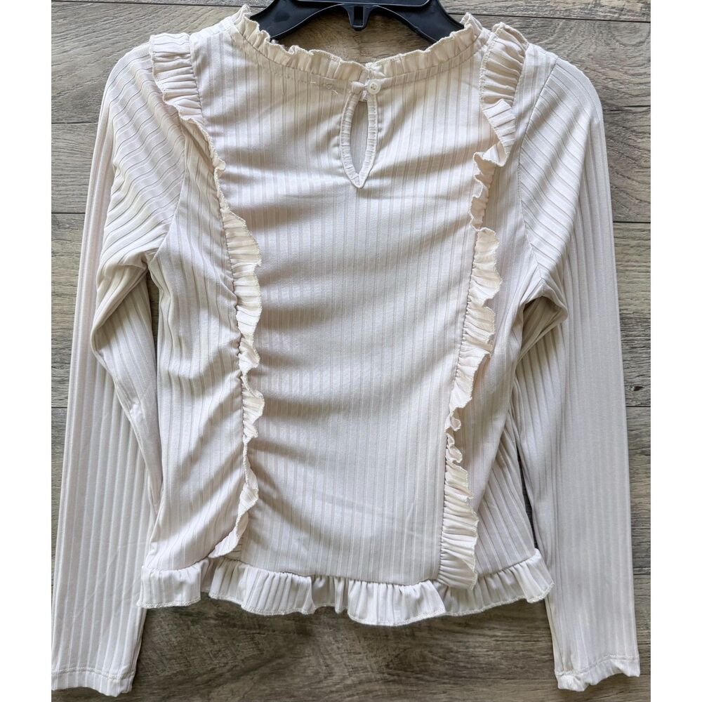 Hayden Girls Cream Ribbed Ruffle Long Sleeve Top - Picture 2 of 3